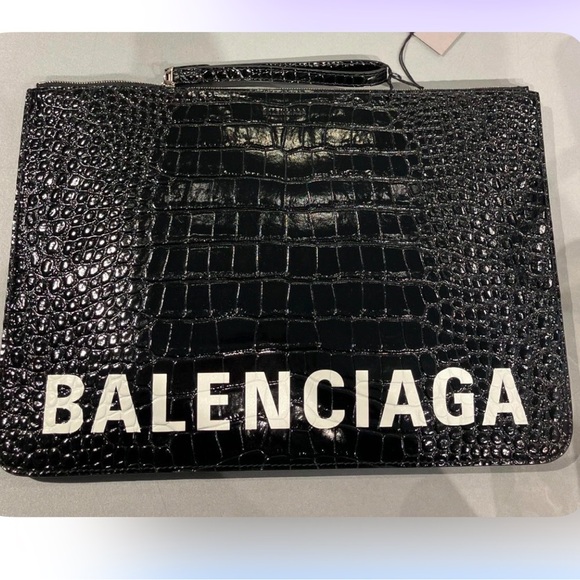 Balenciaga NWT oversized black croc embossed zipper pouch unisex - Picture 2 of 2